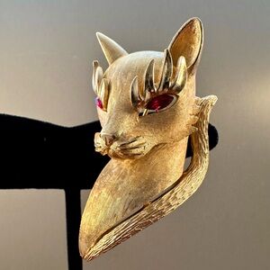 Crown Trifari Sheba Cat Rhinestone Brooch with Red Eyes